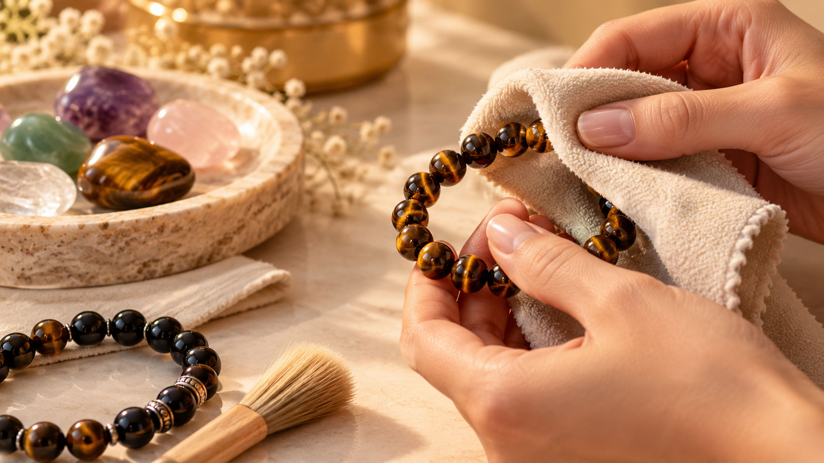 Nettoyage délicat d'un bracelet en perles de pierres naturelles avec un chiffon doux