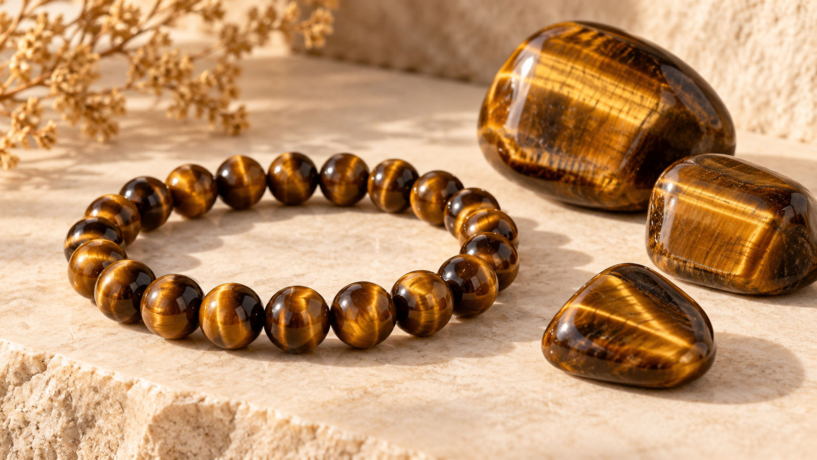 Pierres naturelles œil de tigre aux reflets bruns et dorés, accompagnées d'un bracelet en perles
