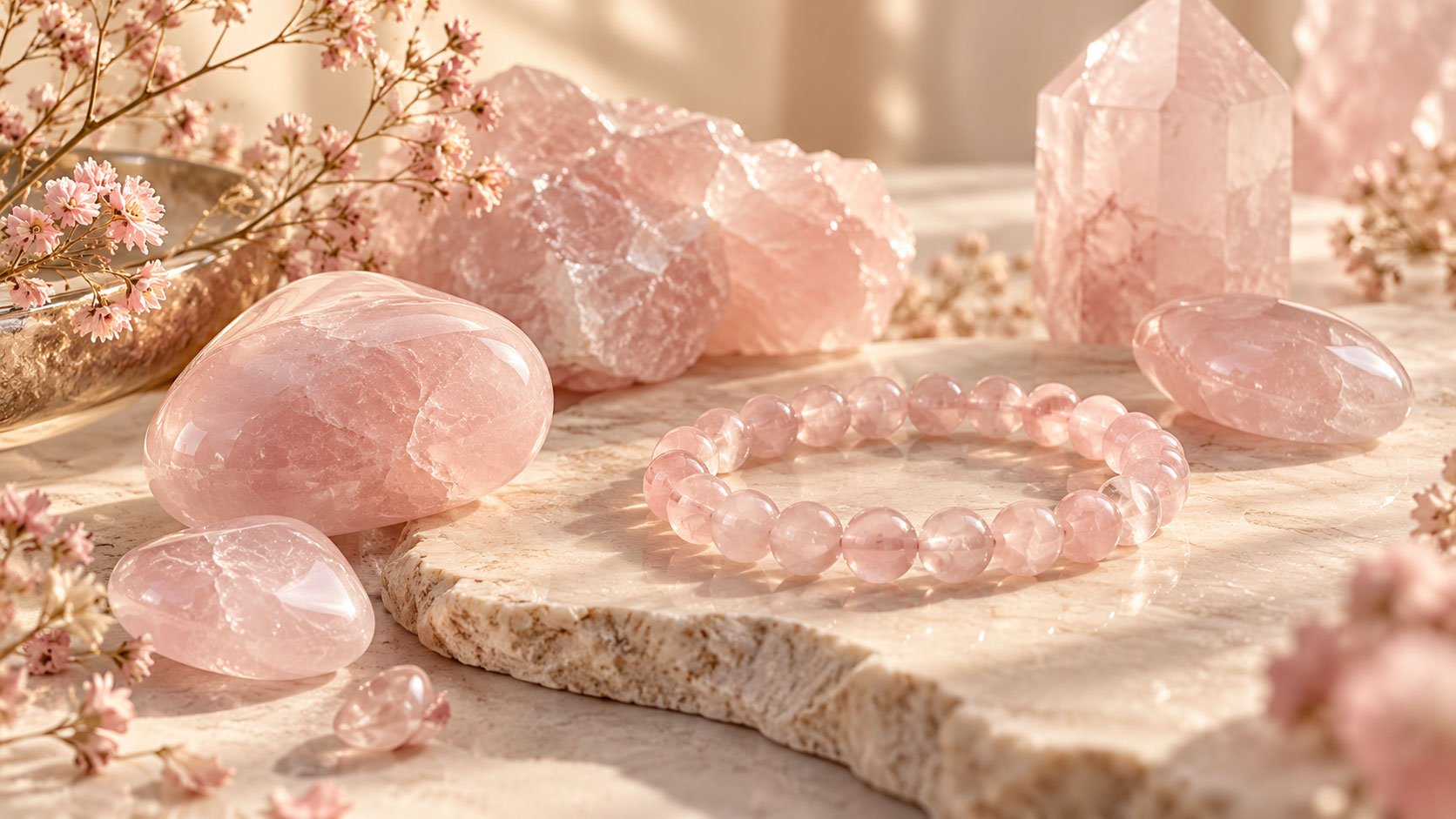 Quartz rose naturel aux nuances roses, accompagné d'un bracelet en perles de quartz rose